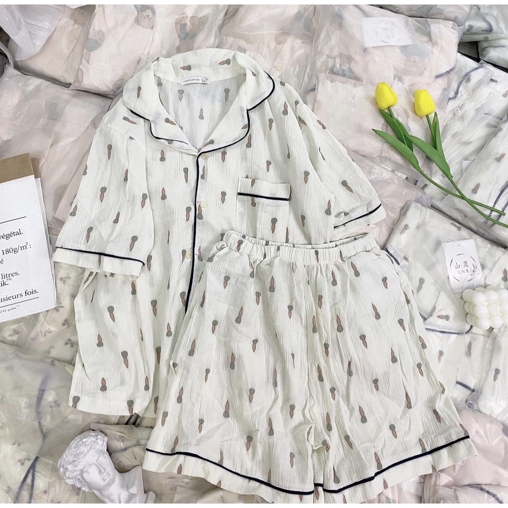 Bộ Đồ Ngủ Nữ Bộ Đồ Ngủ Pyjama Chất Liệu Đũi Xốp Hoạt Hình Ngắn Tay Quần Đùi Short [Ảnh Thật]