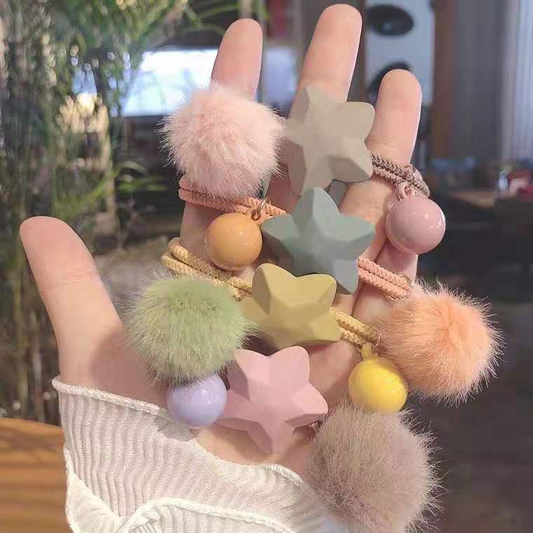 Dây Buộc Tóc Cao Su Co Giãn Phối Bóng Lông Hình Ngôi Sao Năm Cánh Màu Sắc Ngọt Ngào Phong Cách Hàn Quốc