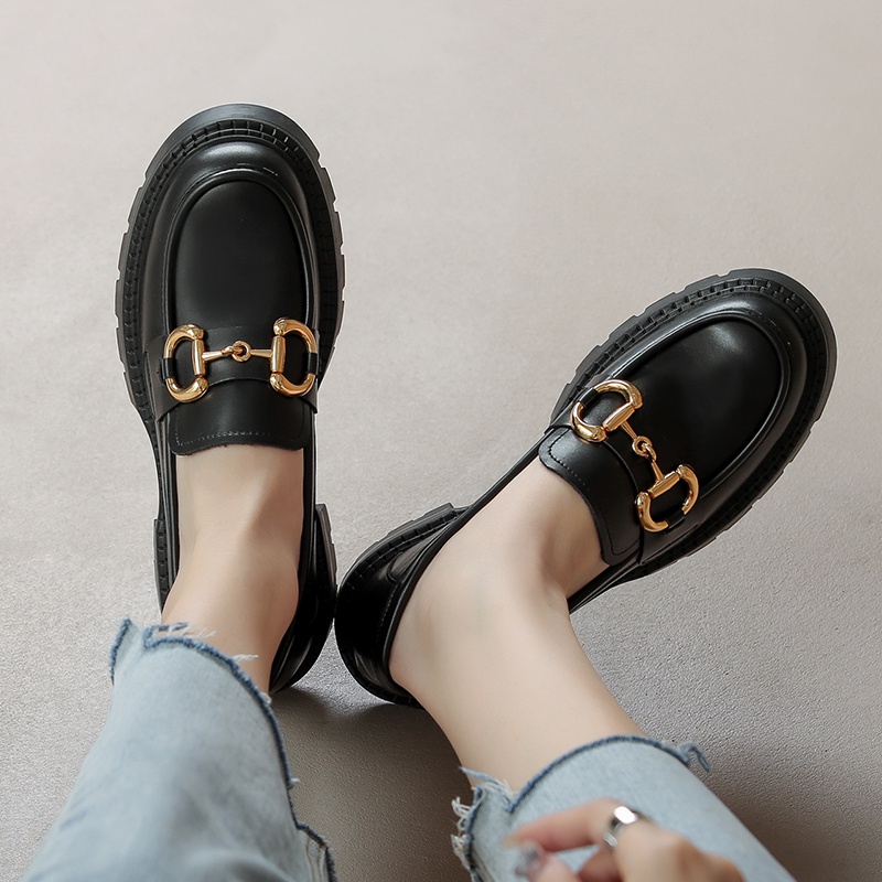 Giày Lười Da Bóng Mũi Tròn Đế Bằng 4cm Phong Cách retro Anh Quốc Thời Trang