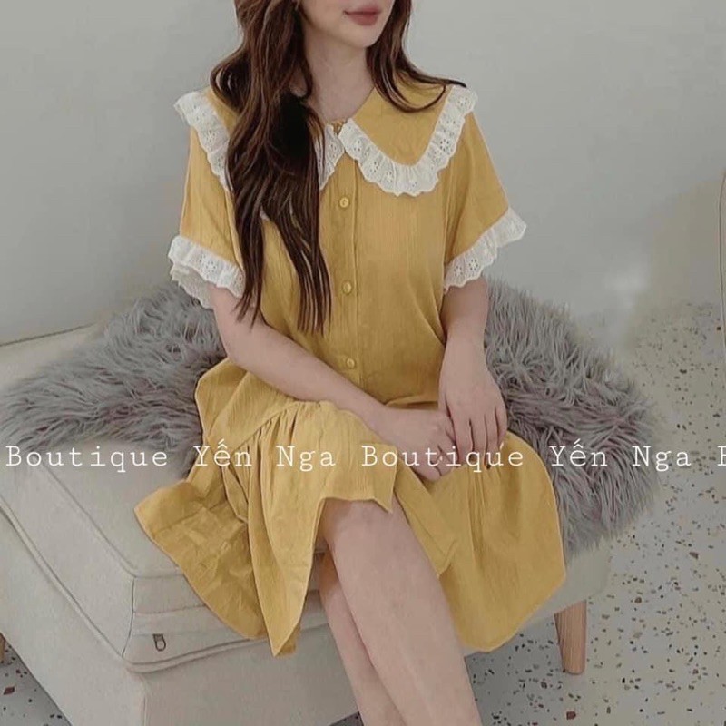 váy babydoll vàng phối ren