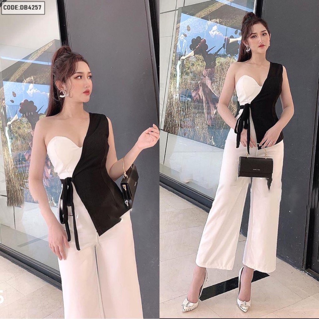 jumpsuit dài nữ lệch vai (có mút ngực) cột nơ eo