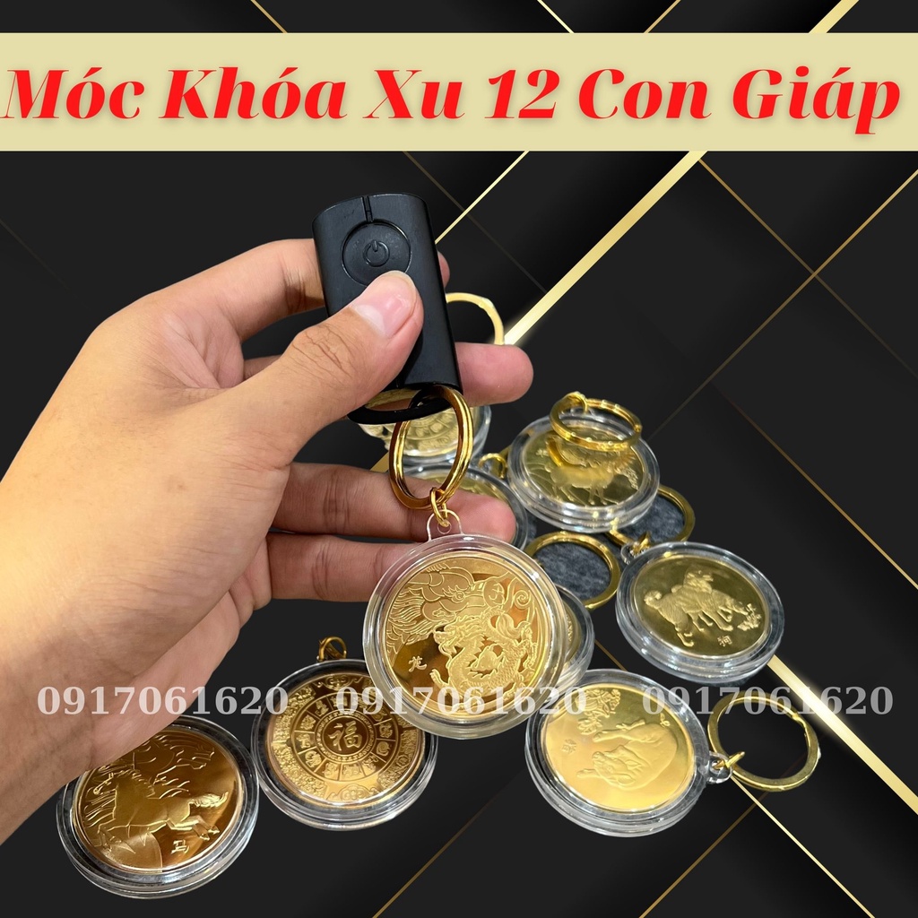 Móc Khóa Đồng Xu Khắc Hình 12 Con Giáp Phong Thủy May Mắn, Chất Liệu Niken Mạ Vàng Sáng Bóng