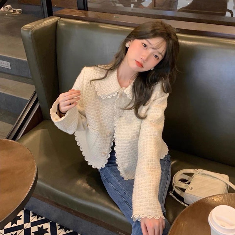 Áo Dạ Tweed Tiểu Thư Cổ Bèo Cúc Ngọc Dáng Ngắn M2754- Violet