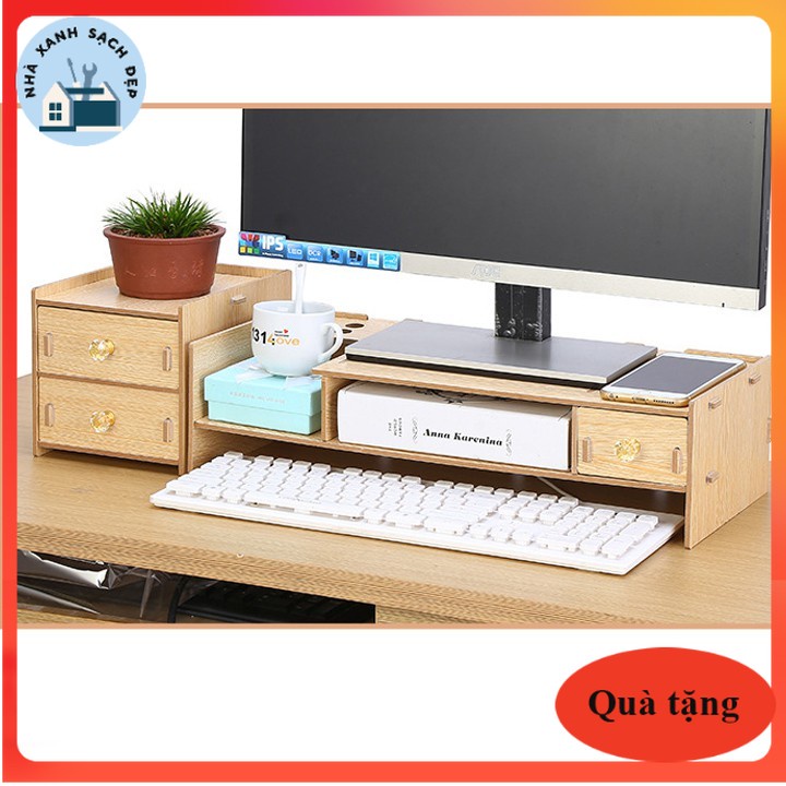 Xả_Kệ màn hình gỗ lắp ghép 2 tầng có ngăn tủ phụ - kệ để màn hình