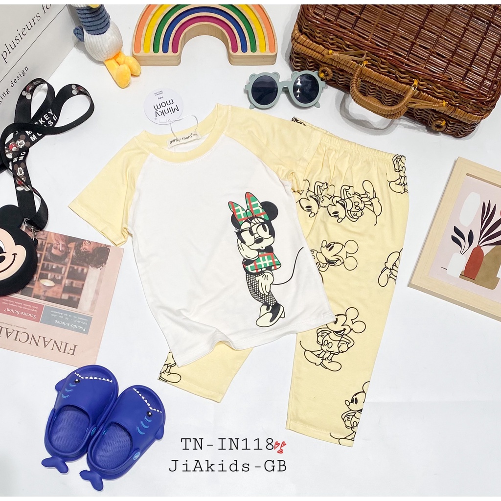 Bộ Tay Ngắn Quần Dài THUN LẠNH MINKY MOM In Thân Áo Trắng Phối Quần Màu Cho Bé TN-IN118