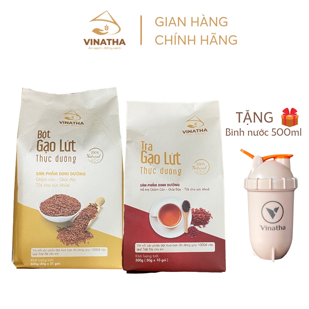 Combo Bột Gạo Lứt Giảm Cân Ăn Kiêng Thực Dưỡng Vinatha(21 túi nhỏ 40g) + Trà gạo lứt VINATHA (10 túi nhỏ 50g) - VNT04
