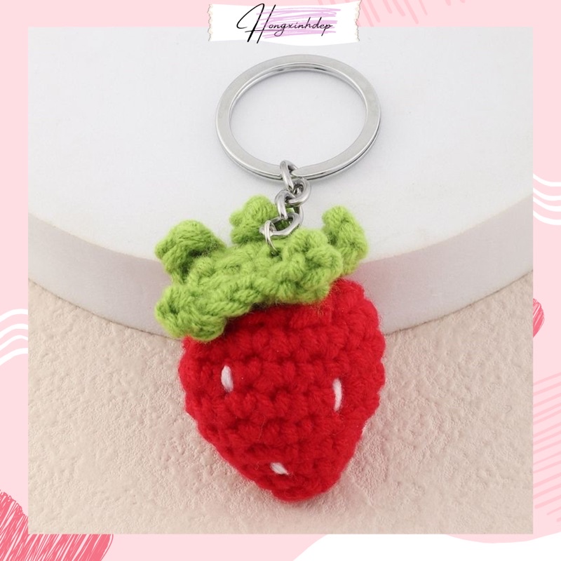 Móc Khóa Đẹp Cute hình trái dâu tây dễ thương bằng len, móc khoá dâu tây handmade