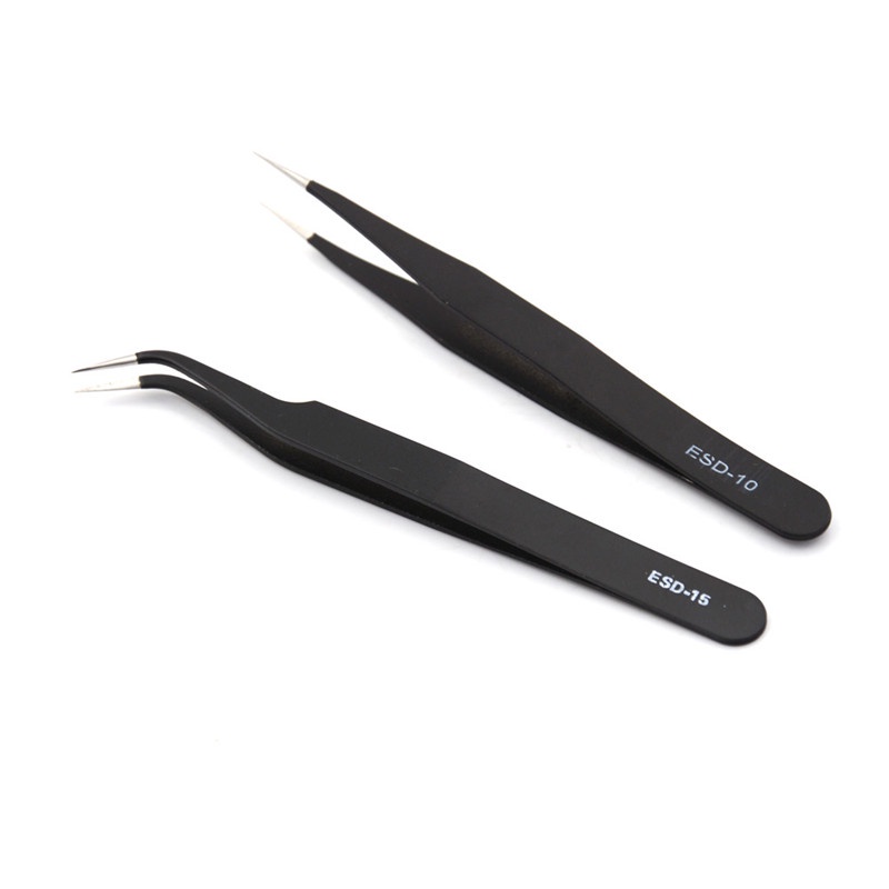 Set 2 nhíp đầu cong và đầu thẳng màu đen chống tĩnh điện