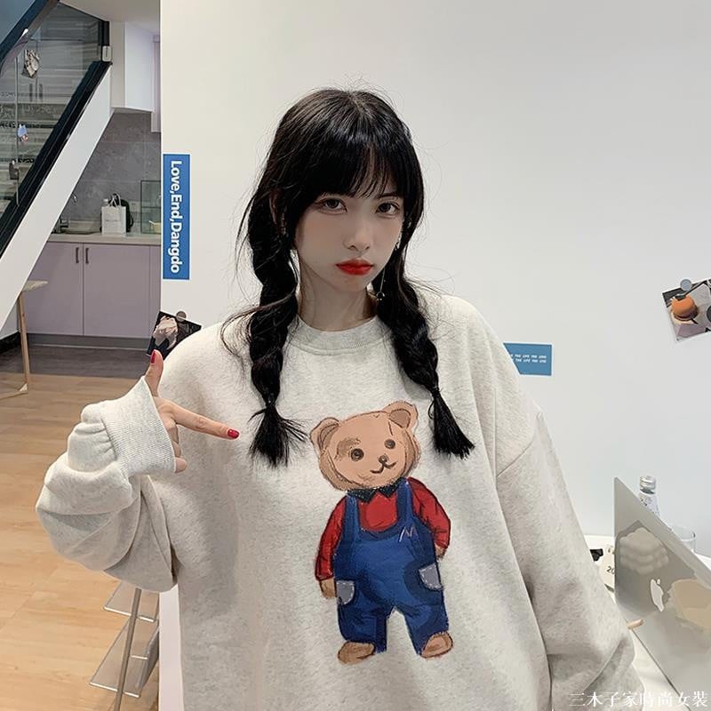 Áo thun tay dài form rộng, áo sweater Unisex -áo nỉ tay dài cổ tròn hình gấu | BigBuy360 - bigbuy360.vn