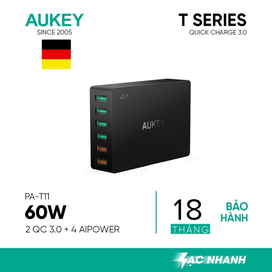 Cốc Sạc 6 Cổng Aukey PA-T11 Tổng Công Suất Tối Đa 60W, 4 Cổng AiPower + 2 Cổng Quick Charge 3.