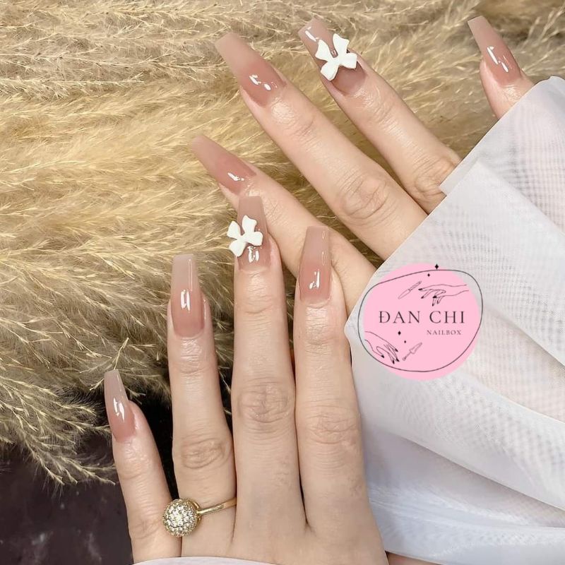 NailBox móng úp thiết kế sẵn Mẫu Thạch Nâu Charm Nơ