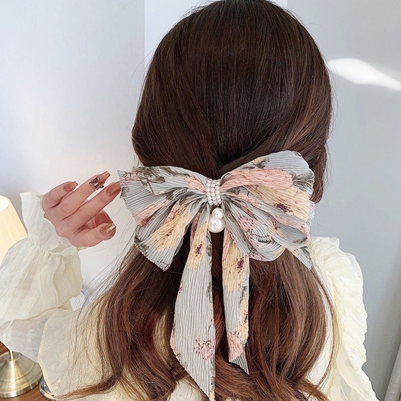 Kẹp Tóc Nơ Ruy Băng Lớn Đính Ngọc Trai Thời Trang Mới Ngọt Ngào Cho Nữ