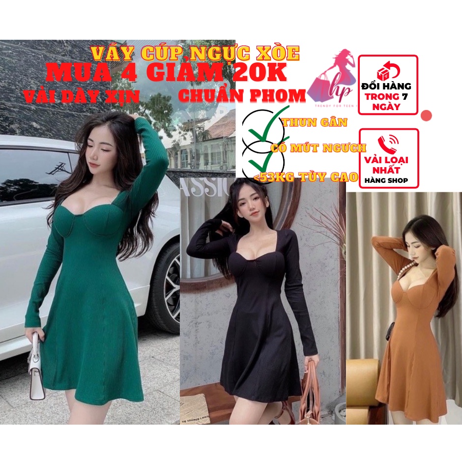 Váy đầm nữ cúp ngực có mút ôm body dáng xòe tay dài mẫu mới 2022 - mã VD142