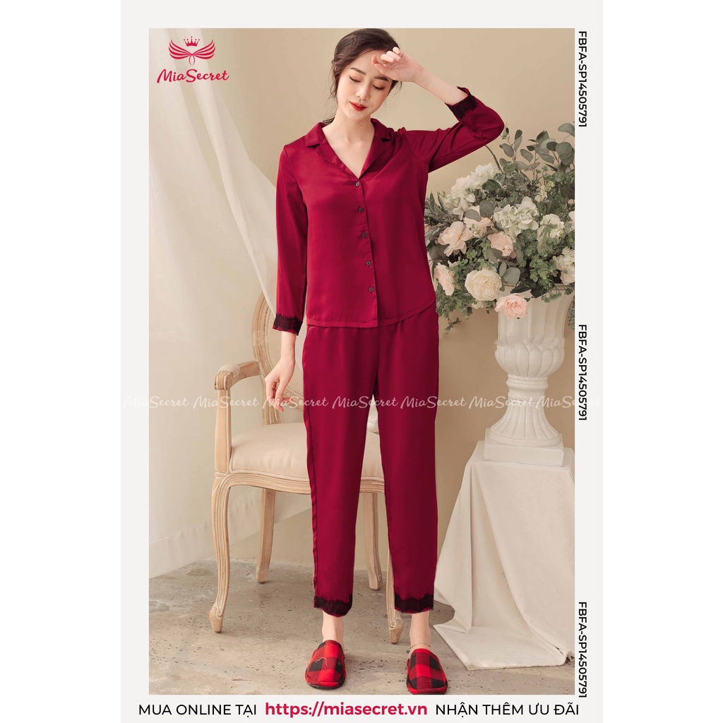 [Mã 11FASHIONSALE giảm 12% đơn 99K] Bộ Đồ Ngủ Pajama Mia Secret Lụa Hải Đường Cao Cấp - Đỏ Phối Ren Dài Tay - SP14505791