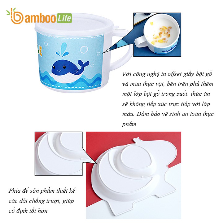 Bát ăn dặm cho bé sợi tre Bamboo Life BL035 bộ chén hình thú cao cấp 5 chi tiết gồm khay, bát, cốc, thìa, dĩa cute