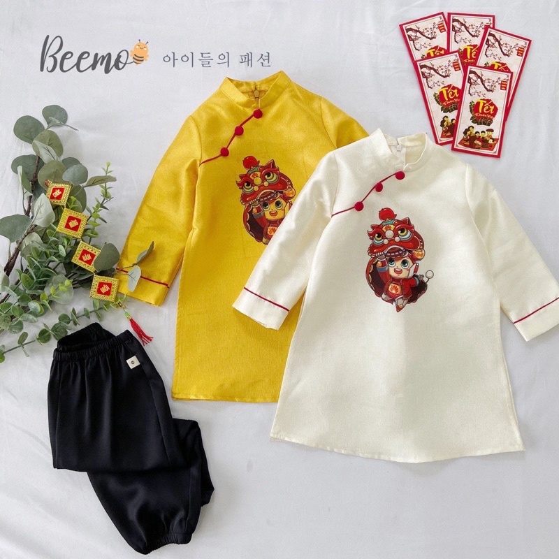Bộ áo dài bé trai Beemo hoạ tiết múa lân chất tasta nhũ quần lụa bóng, BST áo dài tết cho bé Beemo