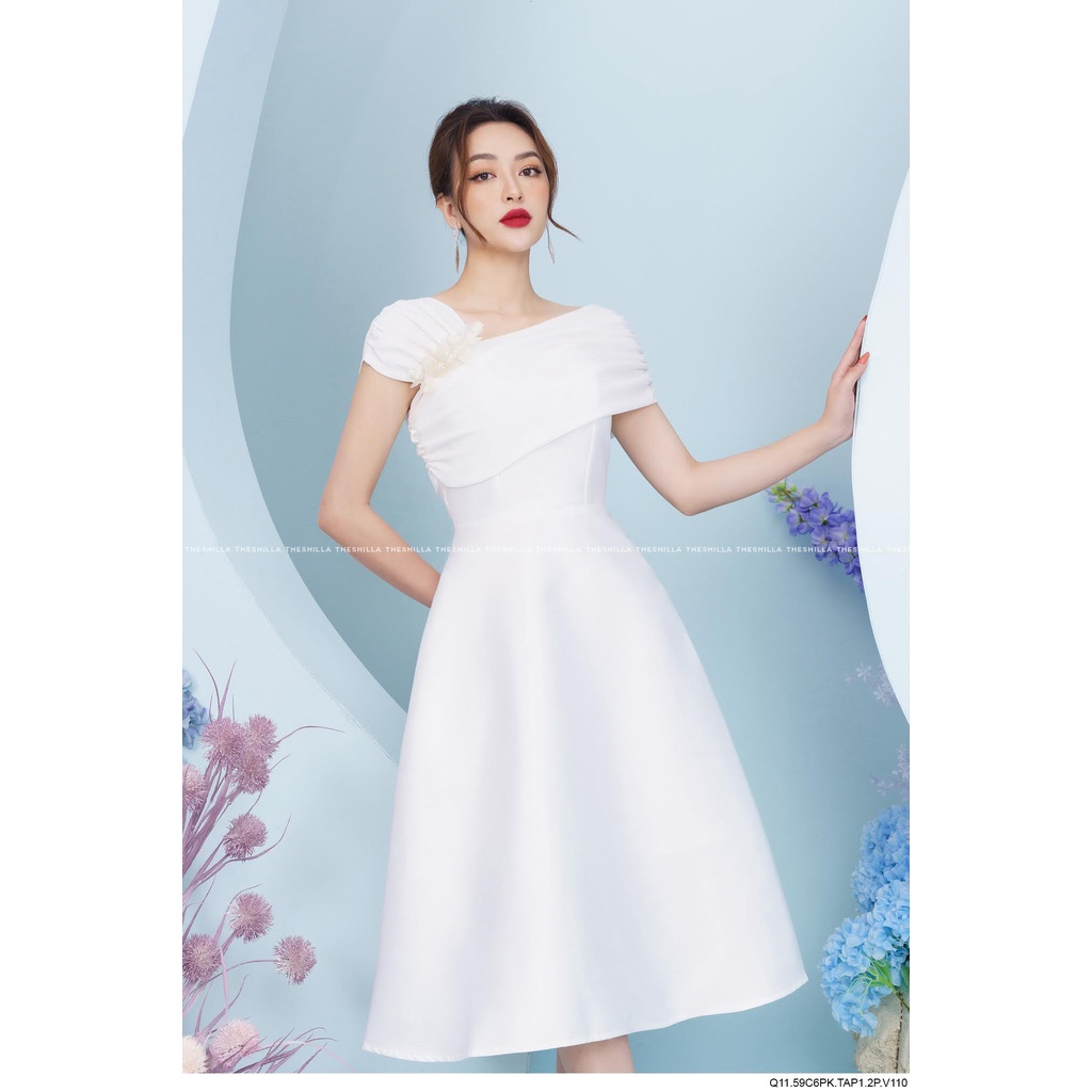 Váy đầm thiết kế xếp vai chéo kết hợp hoa [ Có video + Ảnh thật ] The Shilla - Q11- 59C6
