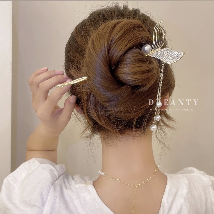 Kẹp Tóc Đuôi Cá Đính Ngọc Trai Pha Lê Phong Cách Pháp Cổ Điển Thời Trang Cho Nữ