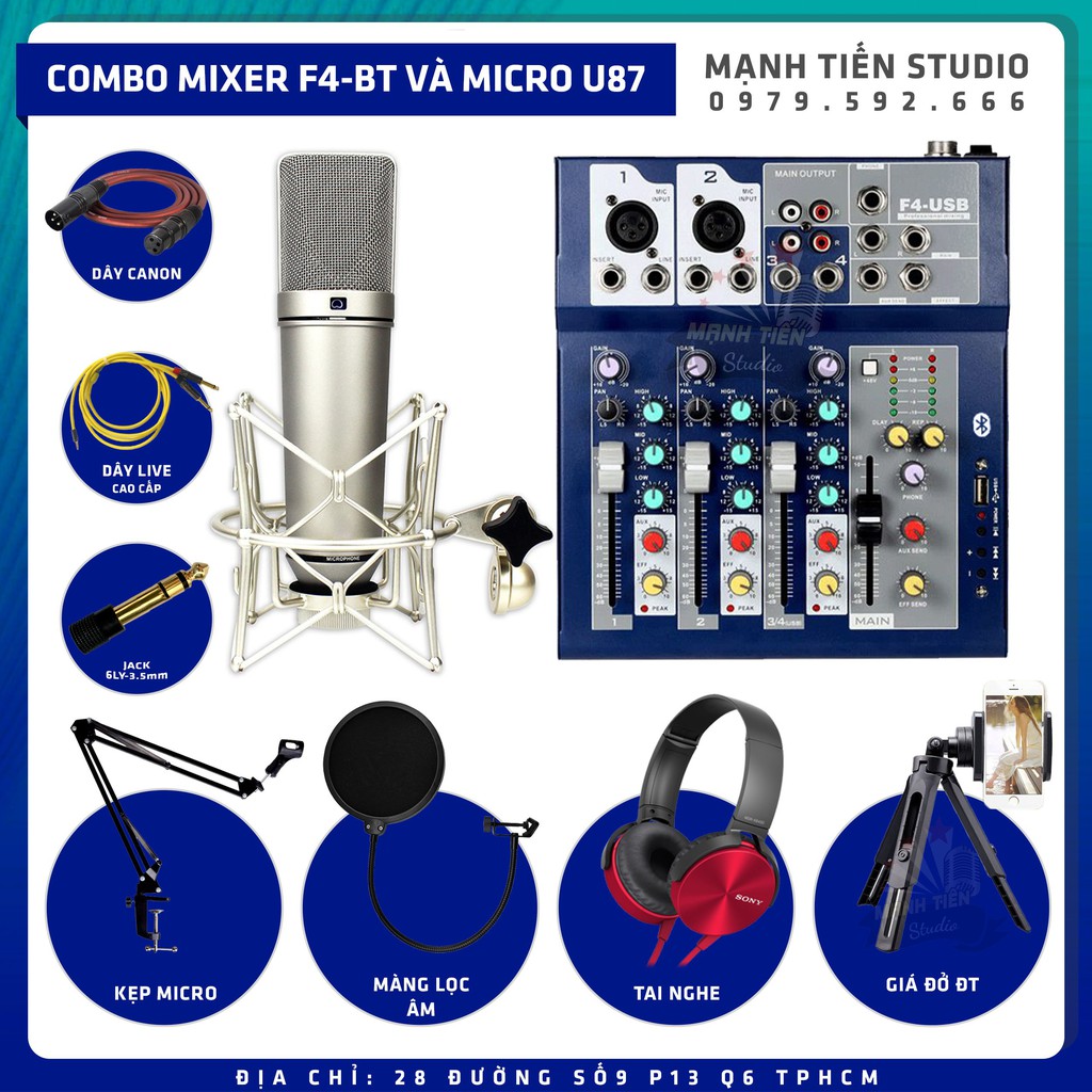 Combo thu âm livestream karaoke bán hàng onl tiktok idol bigo cctalk MIXER F4 Bluetooth Và Micro U87 tặng full phụ kiện