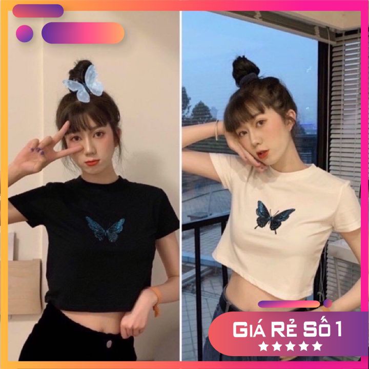 [Rẻ Vô Địch Áo Thun Croptop Thêu Bướm Tay Ngắn | BigBuy360 - bigbuy360.vn