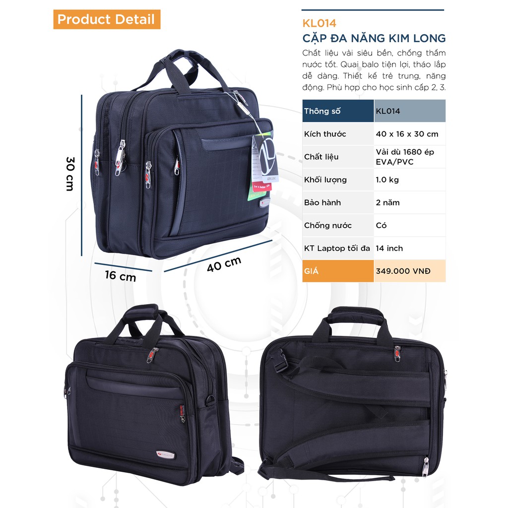 Cặp laptop, cặp laptop 14 inch đa năng, cặp đa năng có quai đeo balo, dây đeo chéo Kim Long KL14 đen | BigBuy360 - bigbuy360.vn