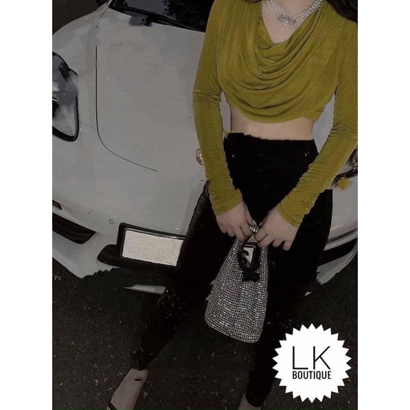 Áo thun nhũ croptop tay dài cổ đổ siêu phẩm