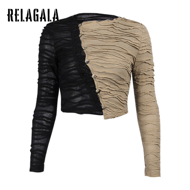RelaGala Áo khoác cardigan xếp ly một hàng nút màu tương phản cho nữ