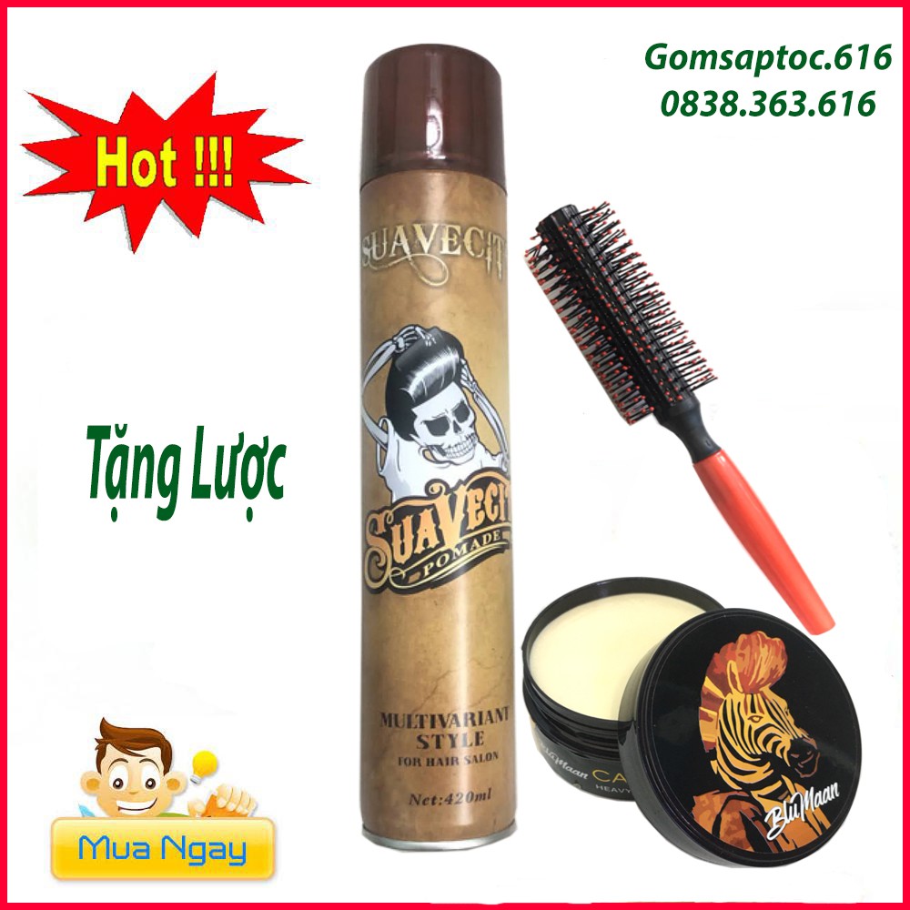 Gôm xịt tóc nam suavecito 420ml kèm sáp vuốt tóc blumaan ngựa vằn tặng lược tròn