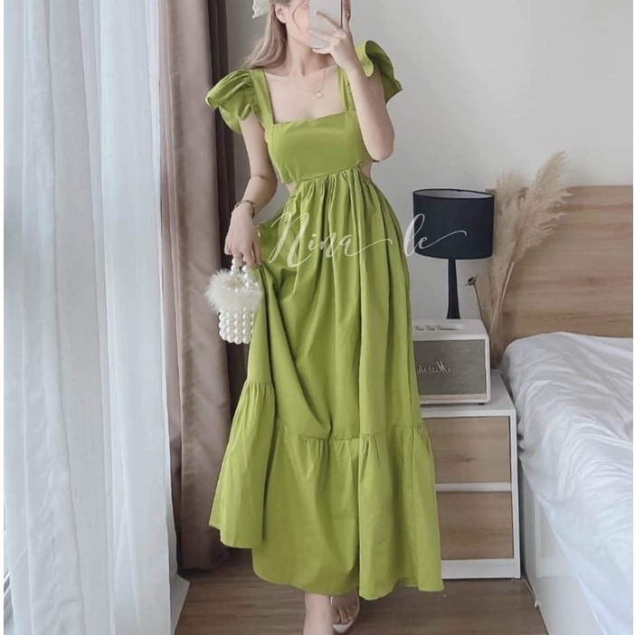 Đầm maxi khoét eo cánh tiên cột nơ lưng cho nàng đi chơi đi biển dễ thương phong cách tiểu thư đầm váy nữ