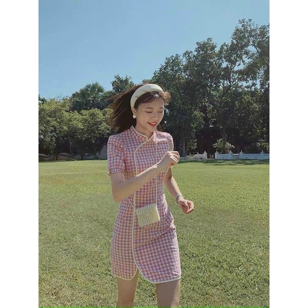 Đầm caro hồng cổ tàu , váy nữ cổ tàu siêu đẹp , váy nữ đi tiệc