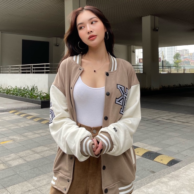 Áo Khoác Bóng Chày Bomber Varsity Nỉ Nam Nữ Thêu 2 Lớp Form Rộng Màu Tan By Local Brand Xfire