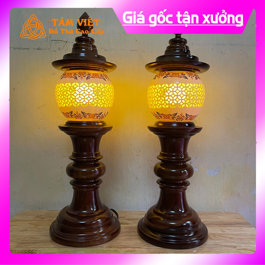 (ĐÈN THỜ CAO CẤP) Đèn Thờ Gỗ Gụ Sứ Hoa Văn Tròn