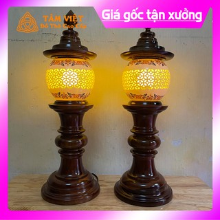 Đèn thờ gỗ gụ sứ hoa văn tròn