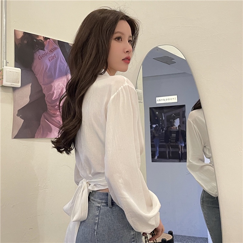 【ZHELIHANGFEI】Áo Sơ Mi Cổ Bẻ Lưng Cao Đính Nơ Trẻ Trung Quyến Rũ Dành Cho Nữ