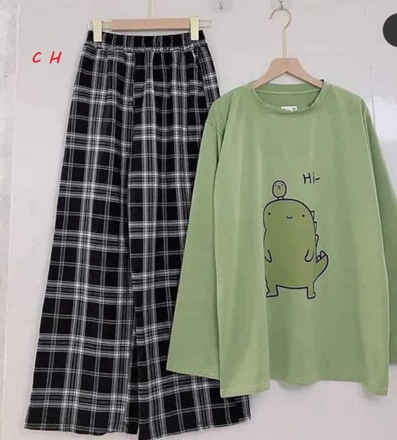 Sét khủng long hi quần kẻ đen COY876