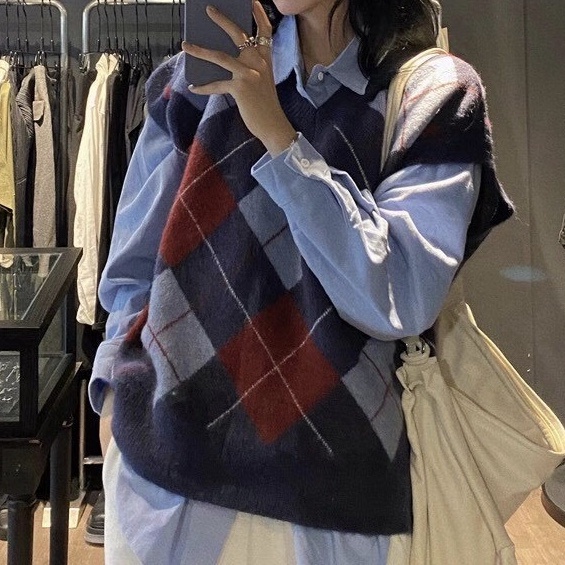 Áo dệt kim không tay họa tiết hình thoi phong cách Retro Anh Quốc