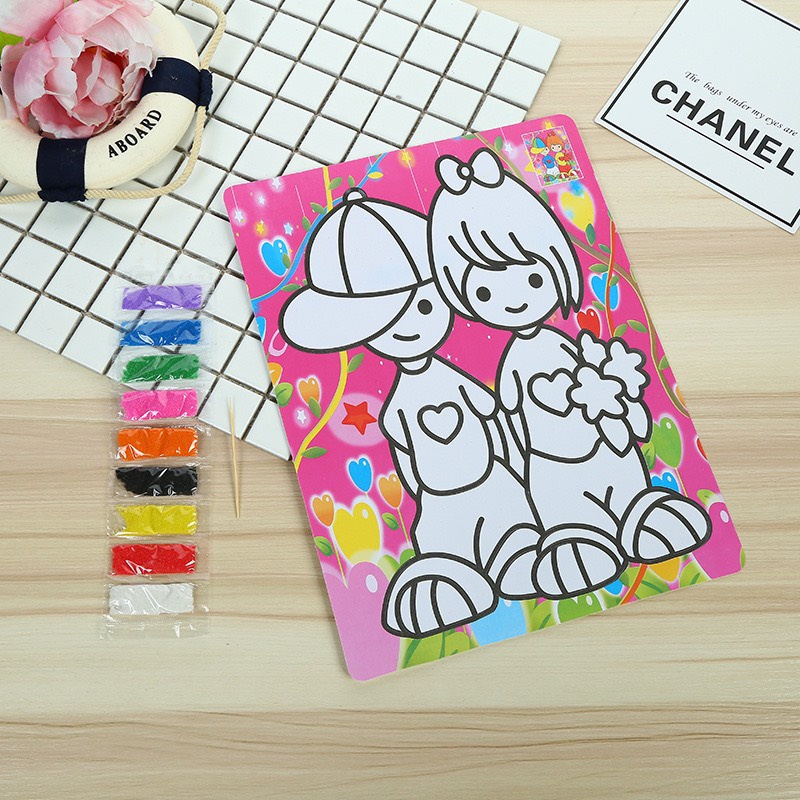 Combo 10 tranh cát khổ A4 nền màu cho bé, có kèm cát màu đủ mẫu cho bé