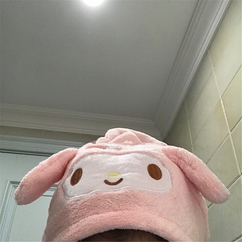 Khăn Tắm Trùm Đầu Vải Lông Cừu San Hô Nhanh Khô Đính Tai Thỏ Dễ Thương Cho Nữ