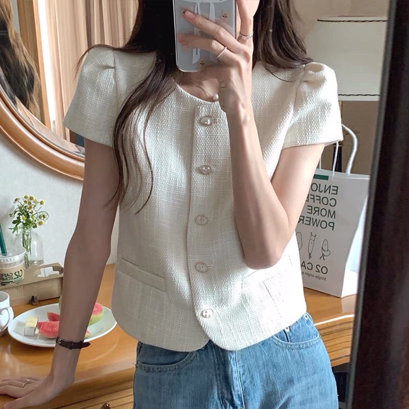 Áo dạ sweet cổ tròn tay bồng tiểu thư