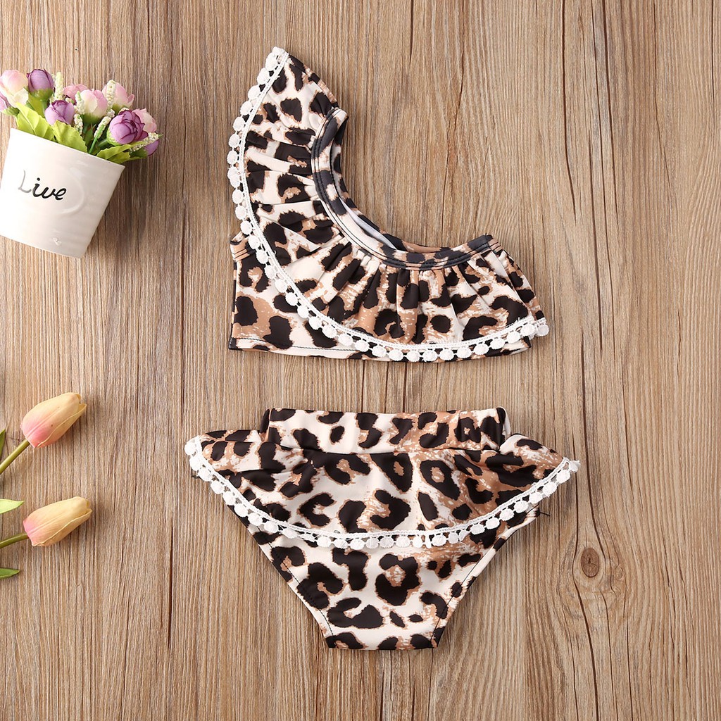 ♬MG♪-Baby Girls 2 Pcs Leopard Printed Swimsuits Off Shoulder Ruffle Tube Tops+ Bottoms Swimwear Beachwear