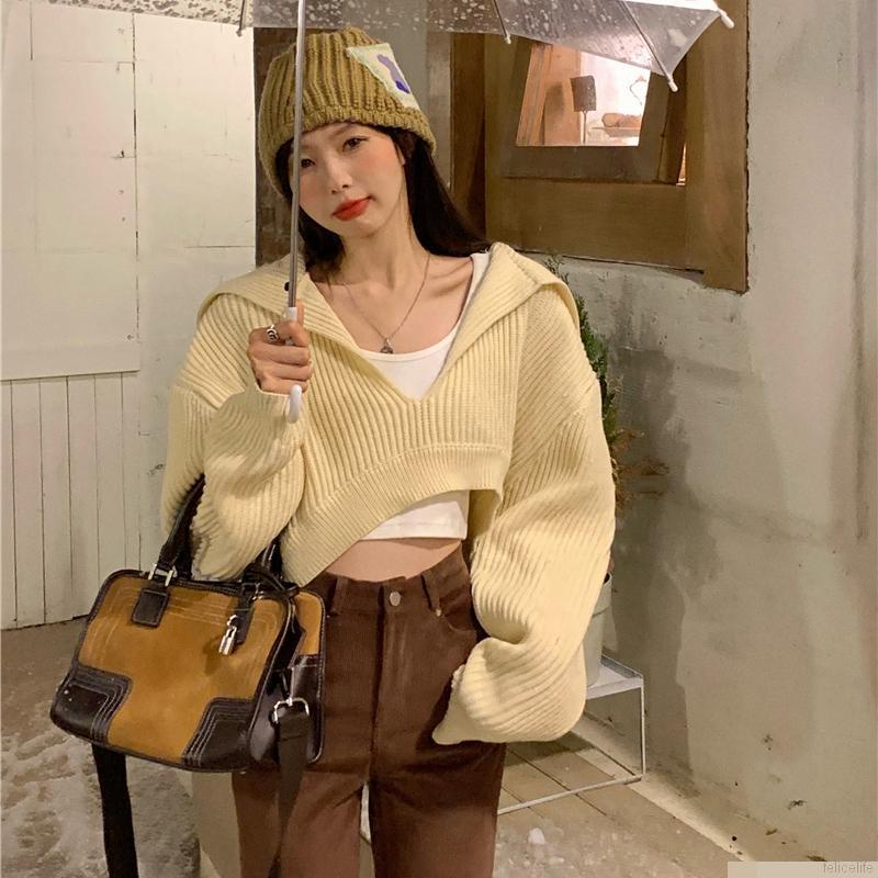Áo Croptop Dệt Kim Tay Dài Cổ Chữ V Dáng Rộng Thời Trang Thu Đông Cho Nữ