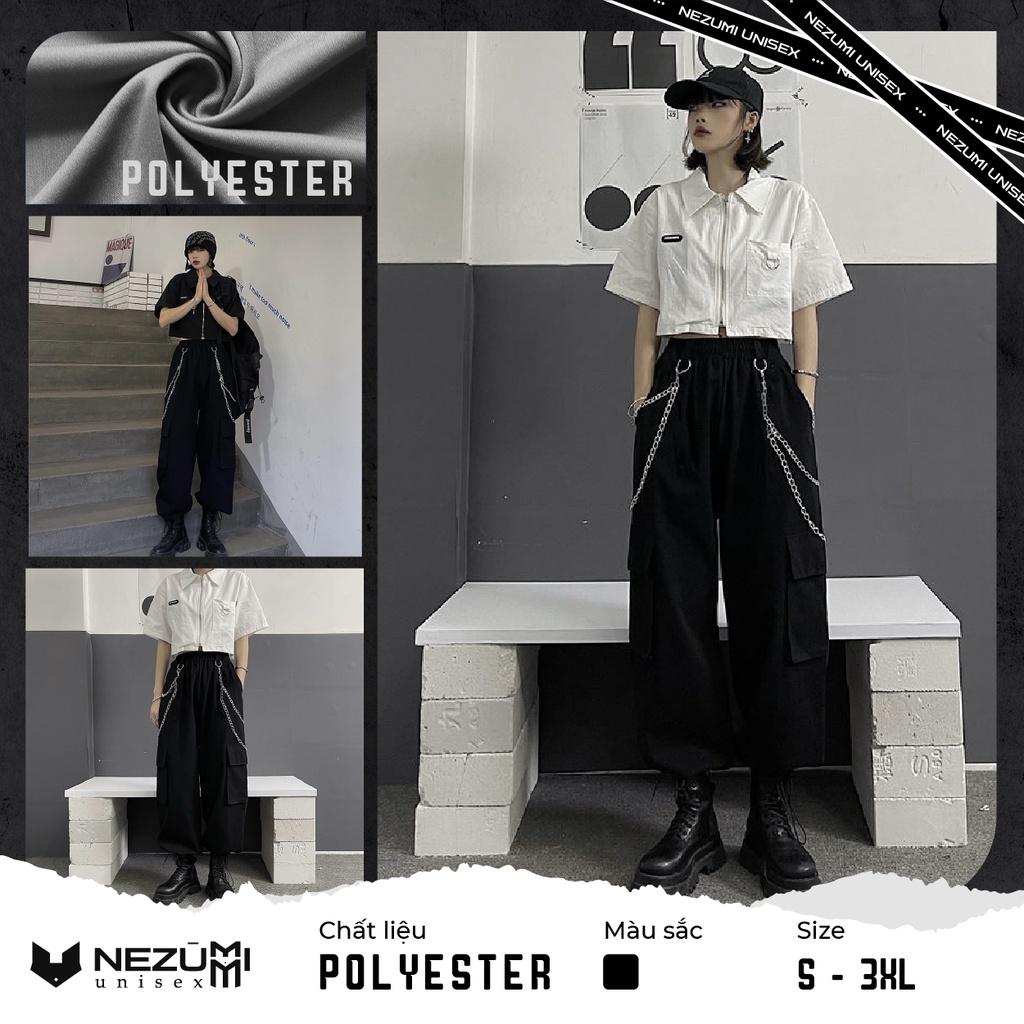 (Sẵn) Set Áo sơ mi cộc tay + Quần jogger unisex nam nữ boxpant, quần túi hộp đen kèm 2 xích 2 bên