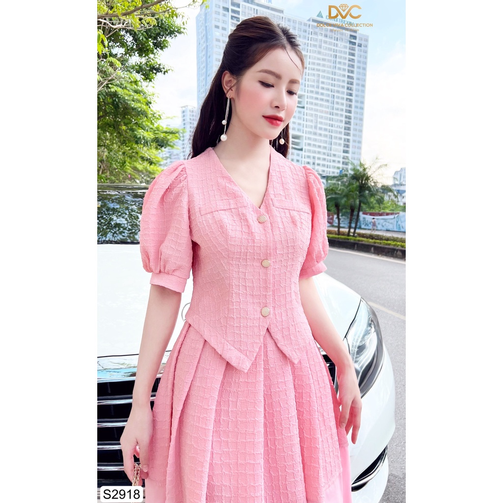 Đầm dự tiệc thiết kế cao cấp hồng cổ V vạt chéo chân váy xếp ly S2918 - DVC , váy đi ăn cưới cho giới trẻ