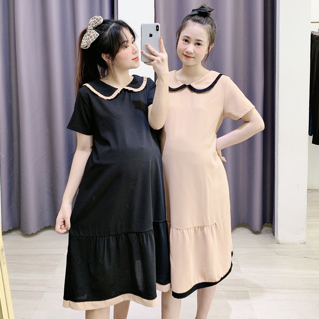 Váy bầu cộc tay mùa hè chất đũi mềm mát, có cổ - 𝐕𝟏𝟎𝟓