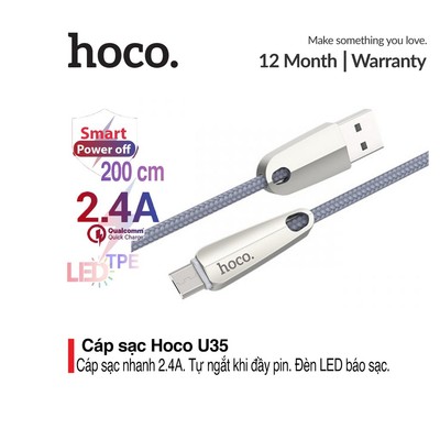 Cáp sạc Micro USB Hoco U35 sạc nhanh tự ngắt sạc khi đầy pin, sạc nhanh 2.4A Max dài 200cm chống chai pin