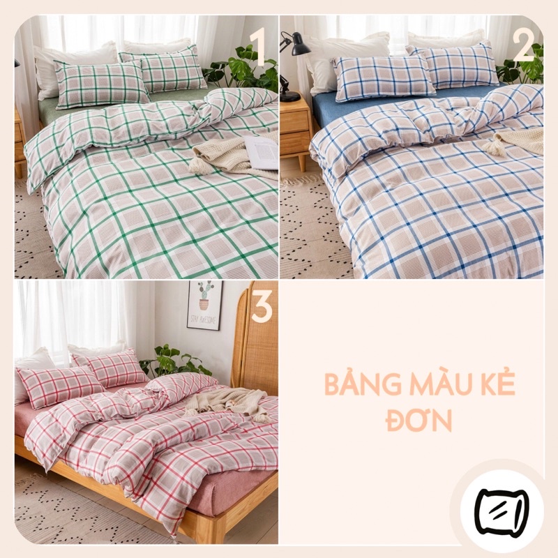 Bộ chăn ga gối poly cotton: kẻ (xanh/xanh lá/hồng)