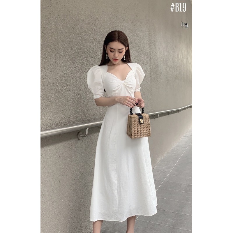 Đầm Maxi Trắng xoắn Ngực Tay Phồng | BigBuy360 - bigbuy360.vn