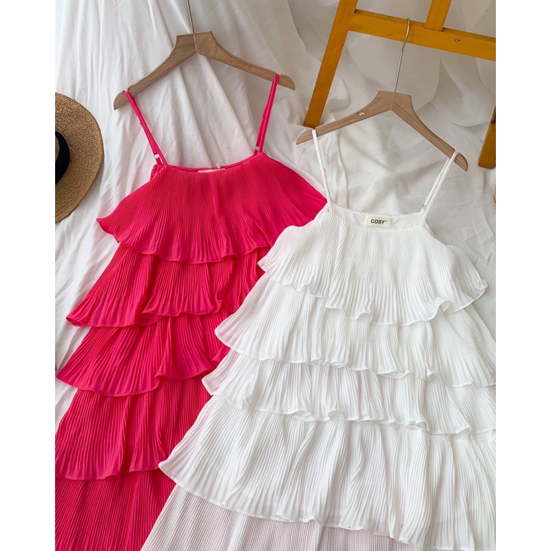 Đầm Dập li tầng hồng trắng hồng 2 dây cực xinh