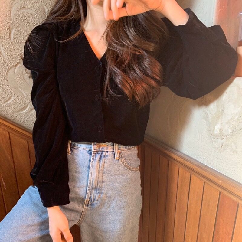 SUXI Áo Sơ Mi Nữ Thiết Kế Tay Dài Cổ Chữ V Kiểu Cách Hàn Quốc