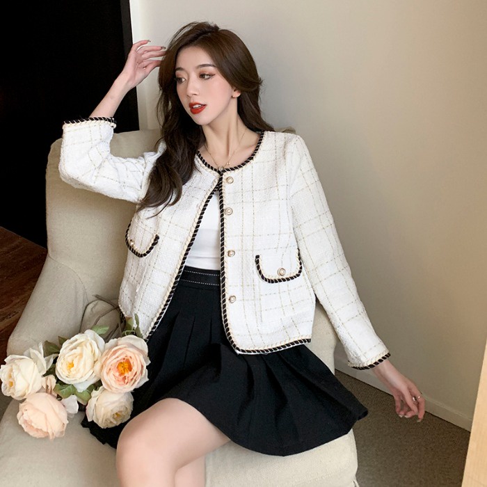 Áo khoác dạ tweed, áo khoác nữ cổ tròn A1155